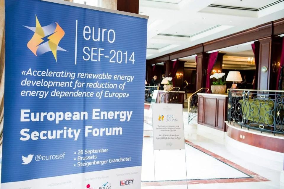 EuroSEF-2014 banner in the hotel lobby showing the date, location and forum theme