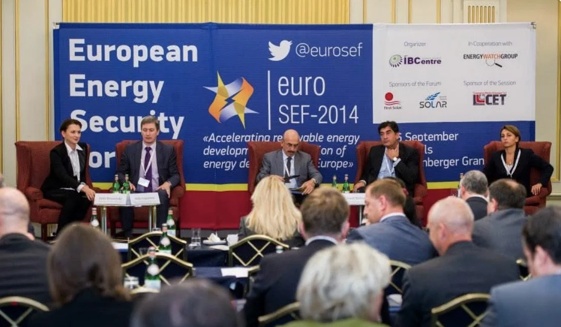 Five panelists seated before an audience at the European Energy Security Forum in Brussels.